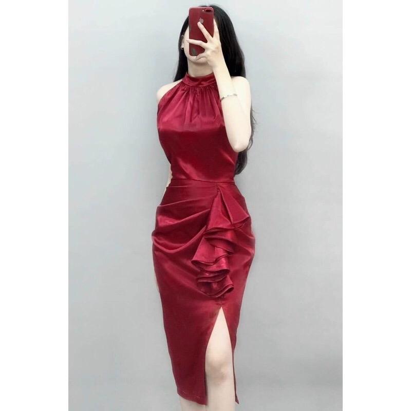  Đầm body cổ yếm phi lụa bèo váy Trơn Ôm gọn sang chảnh   Dress váy Nữ thiết kế đen đỏ xanh vàng trắng da  B32 