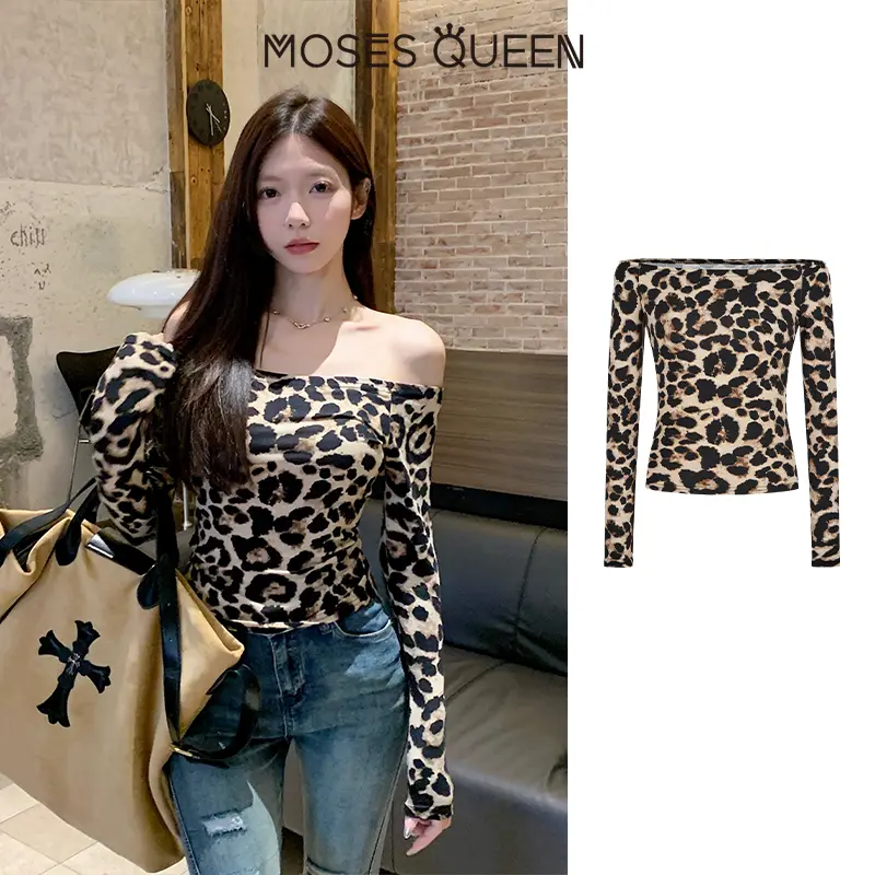 Áo Thun Họa Tiết Da Báo, Dành Cho Nữ, Tay Dài, Trễ Vai, Dáng Ôm, MOSESQUEEN, Quần Áo, Quý Cô, 62357