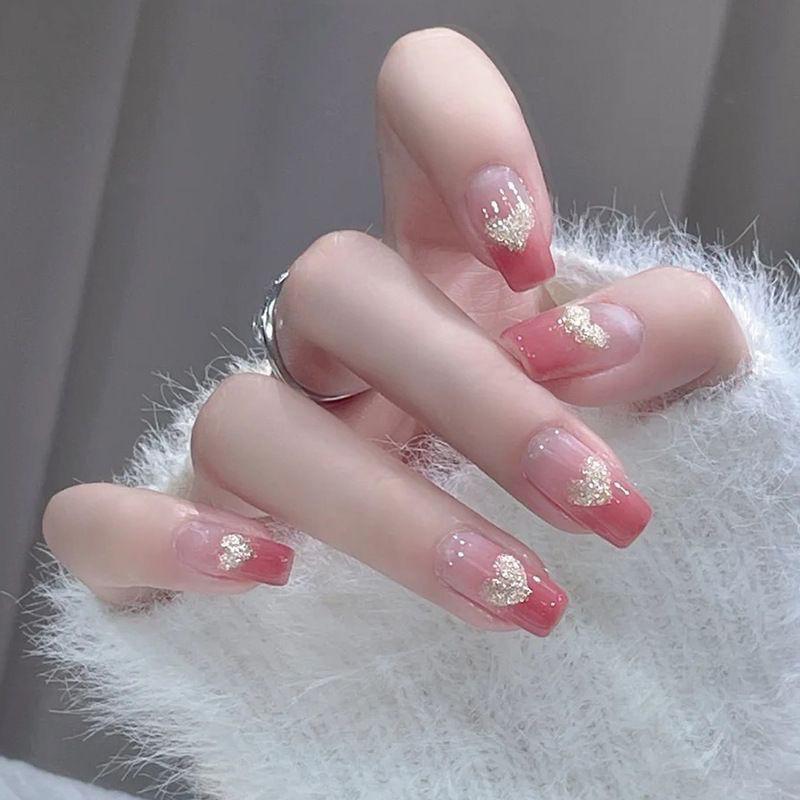 Miếng Dán Móng Tay Làm Sáng, Thiết Kế Trái Tim Ngắn, Chất Lượng Cao Cấp, Có Thể Tháo Rời, Ins Mẹo Làm Móng, Thích Hợp Cho Học Sinh, Móng Tay Có Thể Đeo Thành Phẩm Hàng Mới Về 5