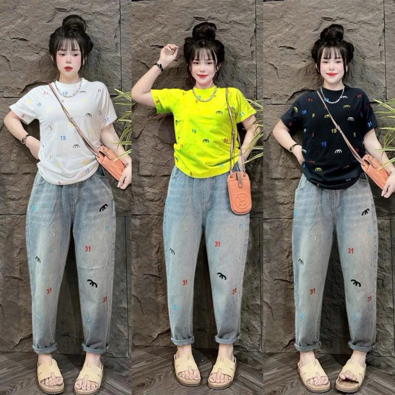  SÉT BỘ ÁO THUN COTTON  chữ + số thêu màu  fom vừa phối quần jean baggy nữ lưng thun  thêu chữ số màu  nữ - Tuhaodobo 