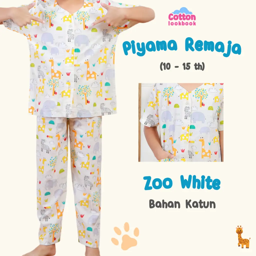 COTTON LOOKBOOK - PIYAMA REMAJA MOTIF ZOO WHITE 10-15 TAHUN / SMP SIZE XL 10 11 12 13 14 15 TAHUN / BAJU TIDUR MOTIF ZOO WHITE