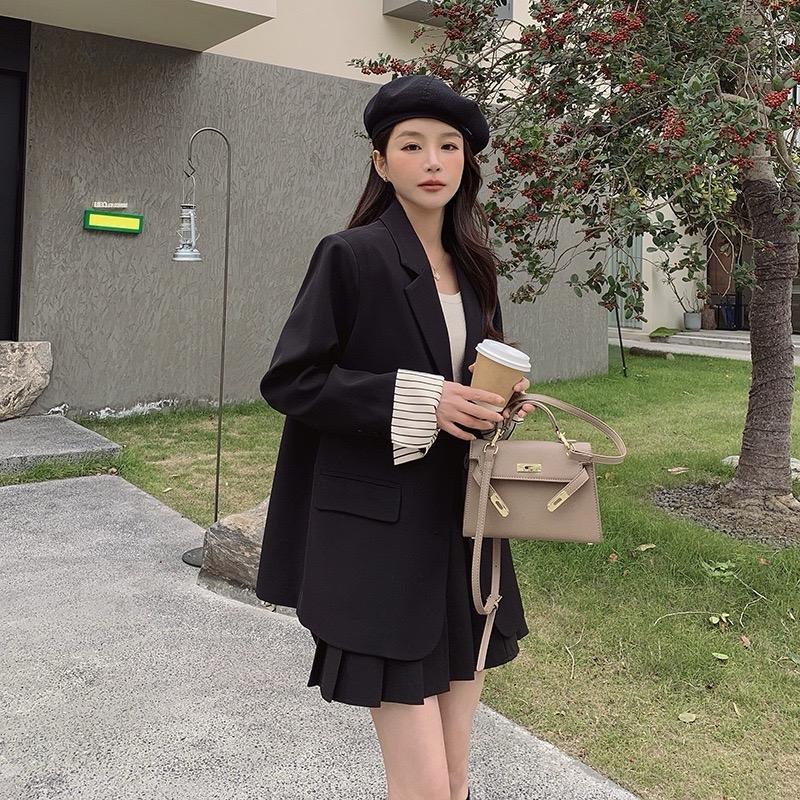 B15 Áo Blazer, Áo vest dài tay 2 lớp phối tay kẻ 2 lớp công sở thiết kế Nữ