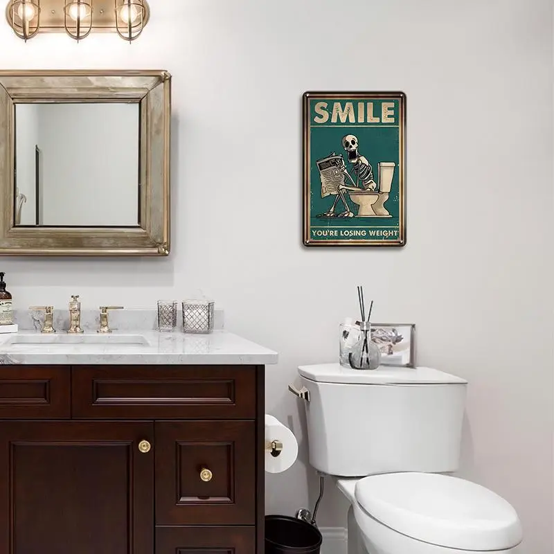 Skeleton Reading Newspaper Toilet Sign, 1 Count Metal Tin Sign, Wall Art for Home, Restaurant, Bar & Garage Decor 2