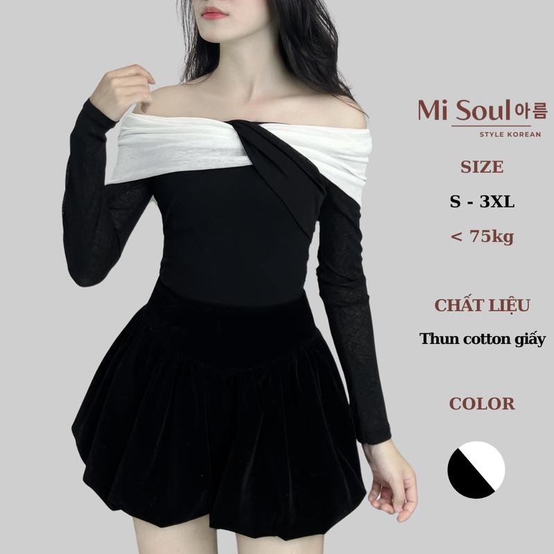 Áo Thun Cotton Giấy Trễ Vai Tiểu Thư Dài Tay Xoắn Ngực Phối Trắng Form Ôm BigSize MiSoul, Áo Dài Tay Cotton 369 Women Top