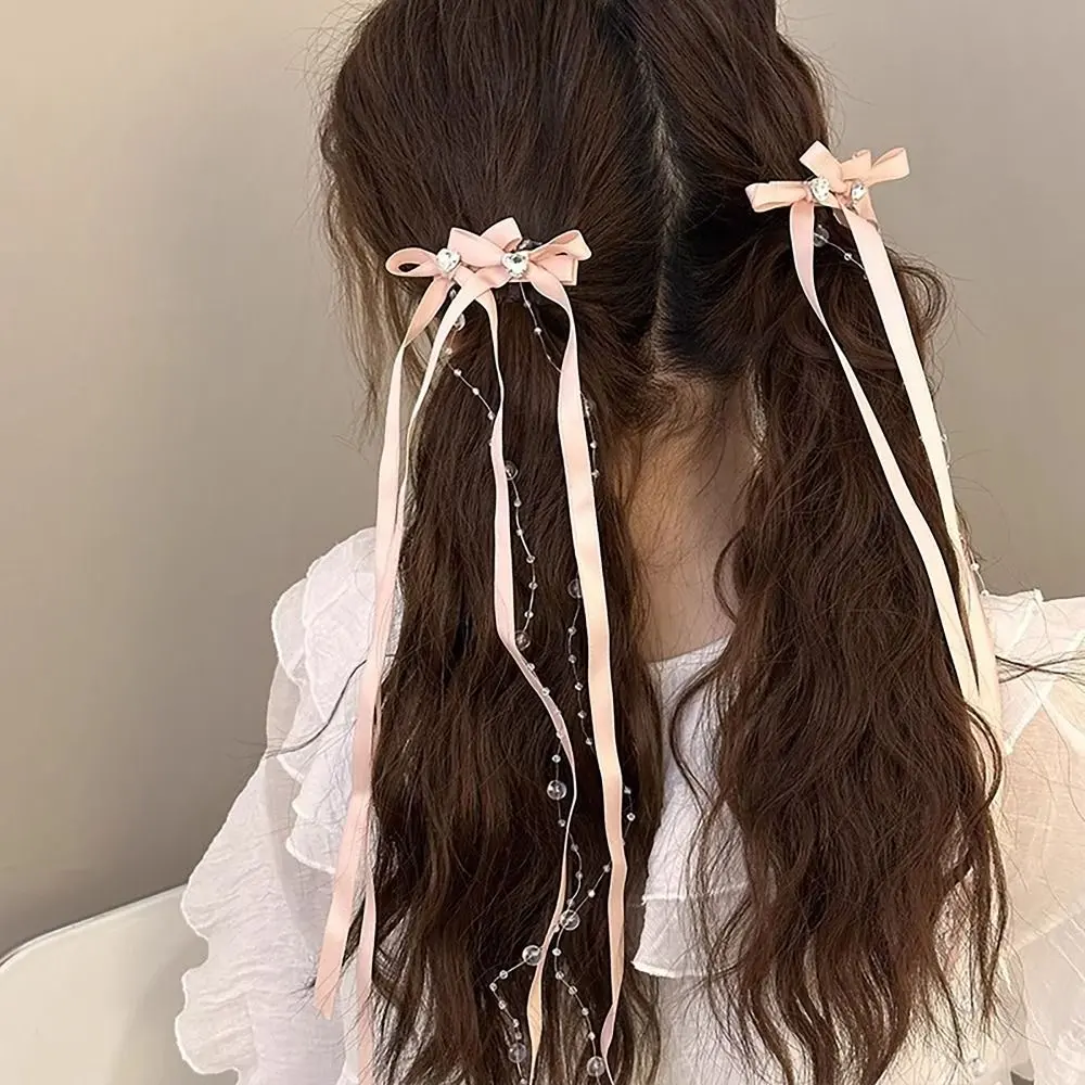 Kẹp Tóc Ruy Băng Nơ Ngọt Ngào, Phụ Kiện Tóc, cài tóc, Tua Rua, Kẹp Bên, Kim Cương Giả, Tóc tết, Một Mảnh