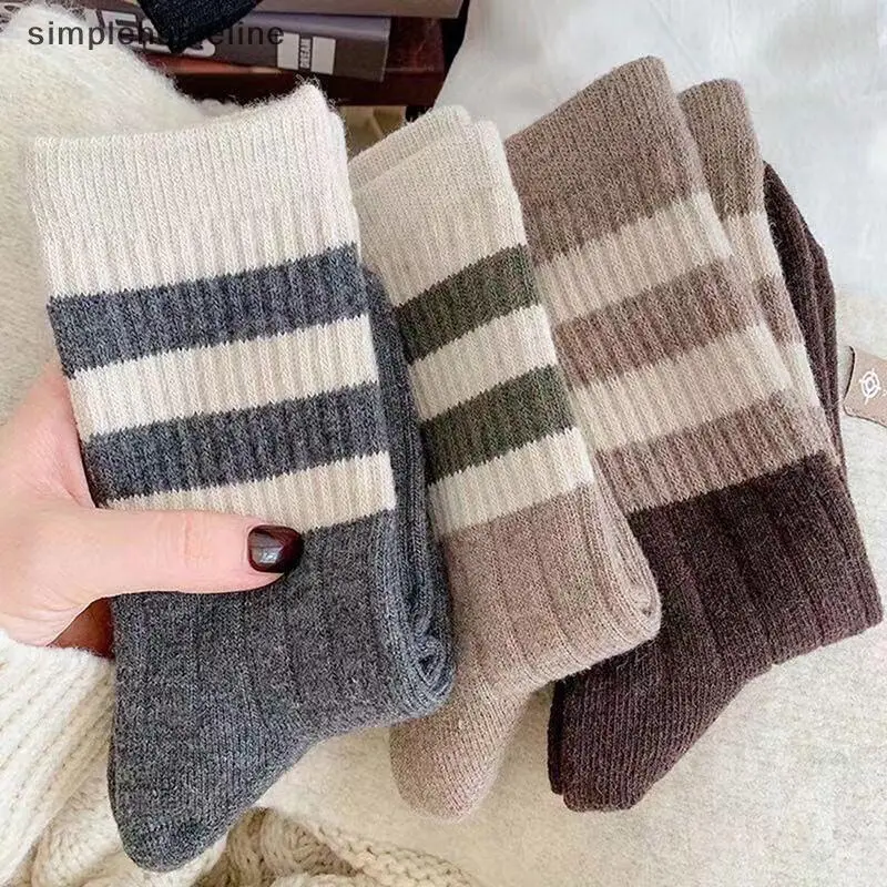 SLMY Winter Striped Middle Tube Wool Women's Thickened Plush Keeping Warm Socks Unisex Breathable Long Thermal Stocking SHE Womenswear Lingerie Comfort Cotton
