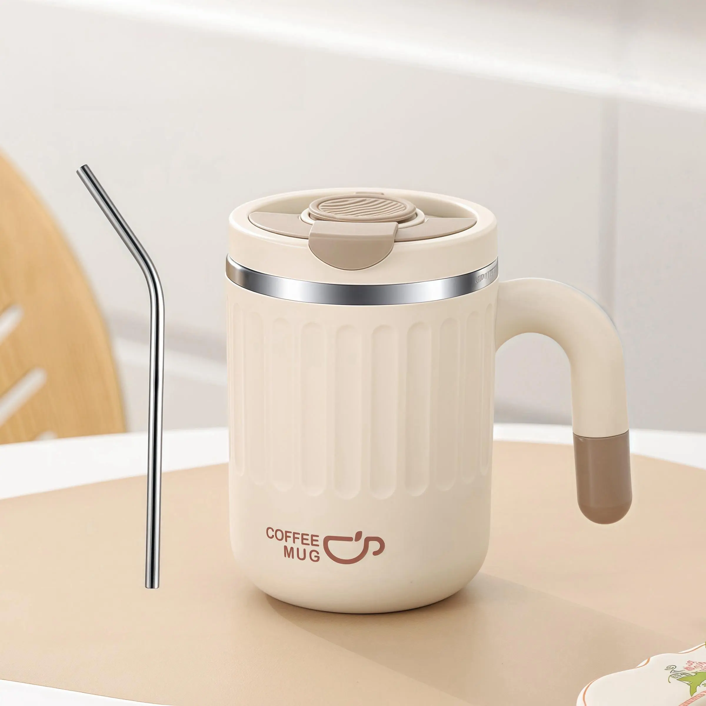 Large Capacity Stainless Steel Travel Mug, Portable Leak Proof Coffee Tumbler with Handle & Straw, Drinking Cup for Home Office Outdoor Camping, Drinkware, Kitchenware