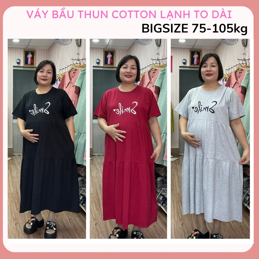 váy bầu bigsize dáng dài size 100kg thun cotton lạnh co dãn mềm mát thấm mồ hôi không xù không bai với v1 là 134cm đầm bầu Hanna