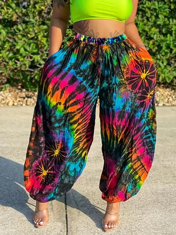 【Plus Size】 All Over Tie Dye Print Pants, Casual Comfy Trousers for Daily Wear, Women's Bottoms for Summer 4