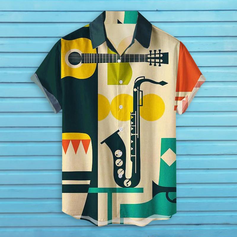 Huxriqvy Men Beach Shirt Color Matching Loose Graffiti Pattern Men Beach Top Single-breasted Men Clothes 1