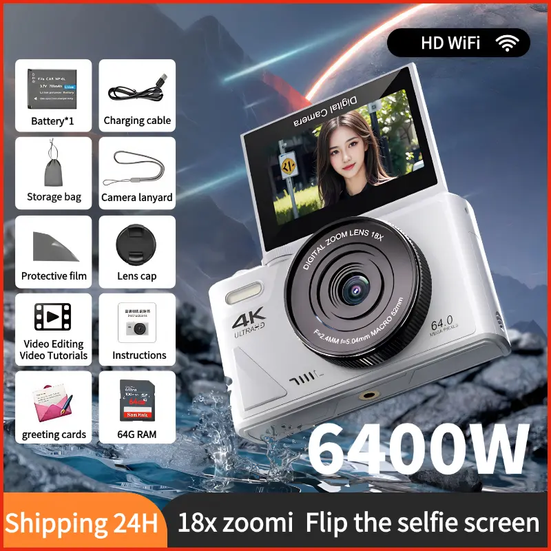 [6400W,1 year warranty]64mp Compact Digital Camera 18x Zoom/ 4k Digital Camera with high-definition flip screen WIFI for mobile phone retro beauty selfie ccd,Compact Camera, mini digital camera,point shoot cameras