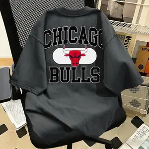 Kaos Lengan Pendek Gaya Retro Klasik Amerika, 100% Katun, Motif Chicago Bulls, Potongan Longgar, Atasan Kasual Ukuran Besar, Unisex