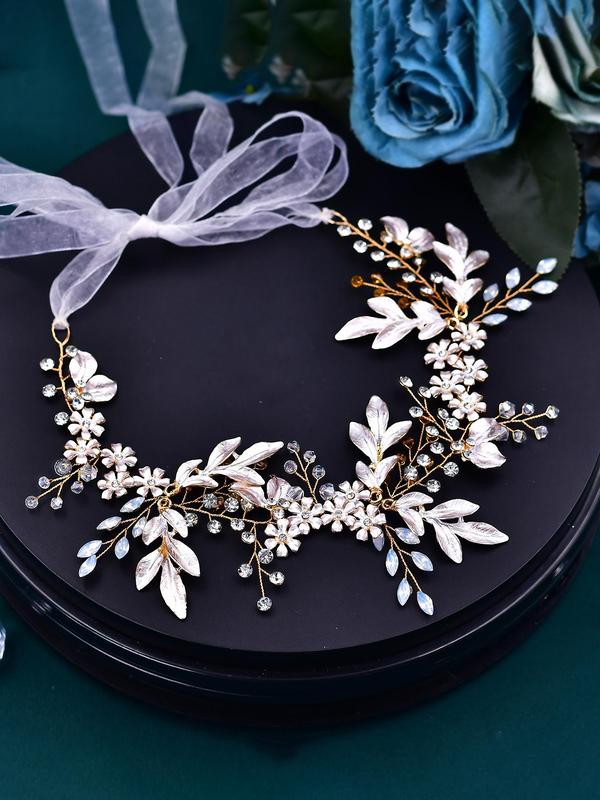 Women's Elegant Rhinestone Decorated Headwear,  Exquisite Trendy Flower & Leaf Design Headwear, Fashionable Hair Accessories for Wedding Party 4