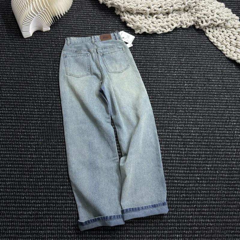 (RITA JEAN)A40 Quần Bò Nữ Màu Xanh Trung Trắng Bụi Lạ Lưng Cao Vải QC Mềm Mịn Không Giãn Lai Cuốn RiTa 6