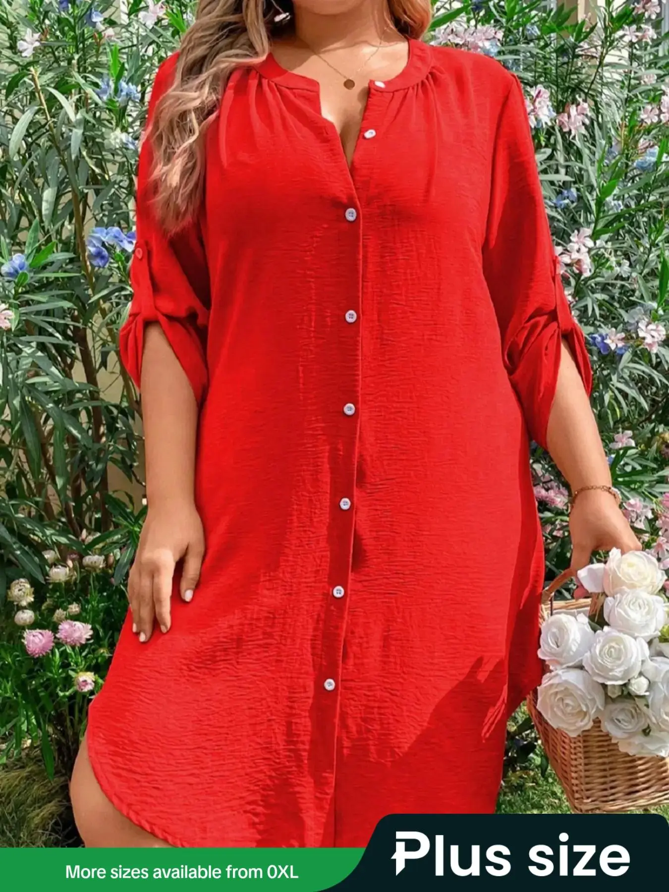 【Plus Size】 Solid Color Button Front Shirt Dress, Casual Roll Up Sleeve Dress for Summer, Women's Clothes for Daily Wear