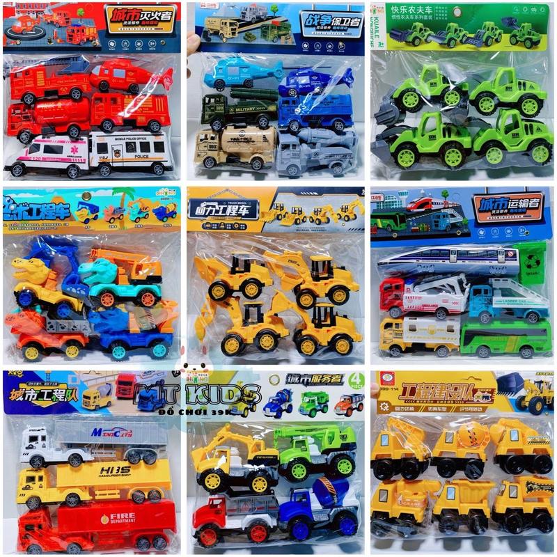 Set 4 xe, set 6 xe có nhiều mẫu xe: xe công trình, xe cứu hoả, xe ben, xe cảnh sát, xe môi trường, xe quân sự, xe container Toy Đồ chơi (xe có chạy đà, chạy cót) Mô Hình