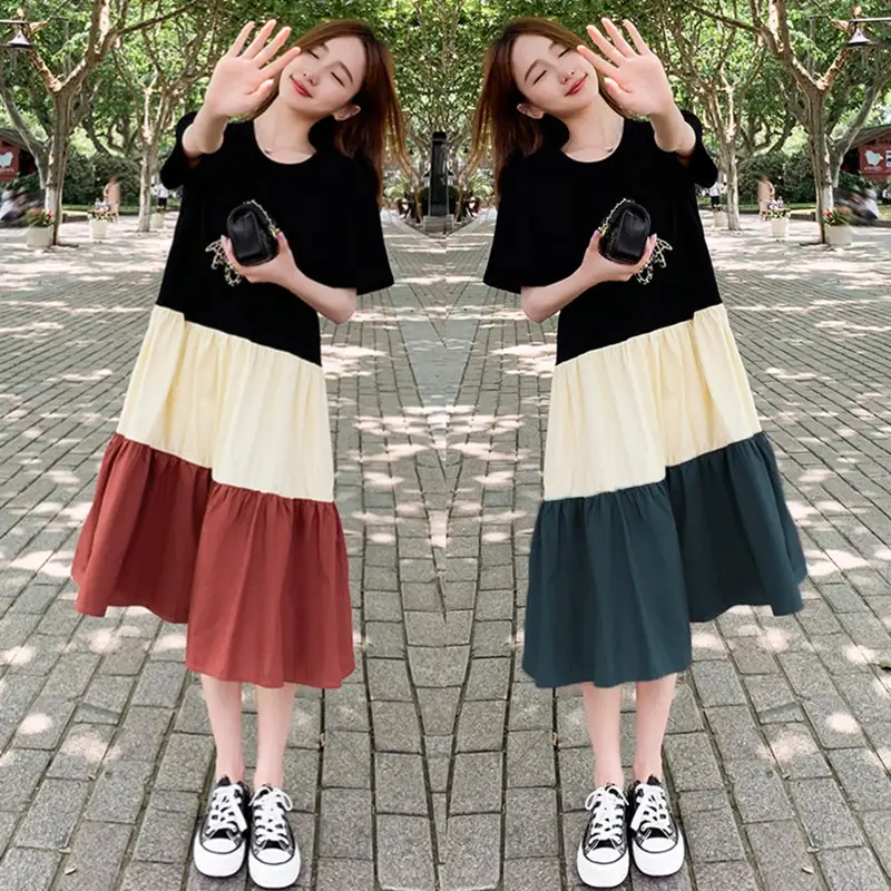 Women's loose fashion mid-length skirt stitching slit color casual T-shirt dress