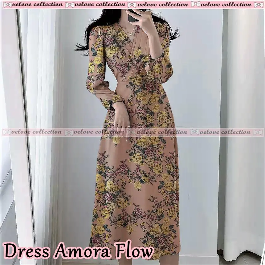 EIRINE FASHION Dress Aersa Flow Fashion Long Dress Floral Ala Korea Dress Kasual Wanita Lengan Panjang Motif Bunga Hits Kekinian