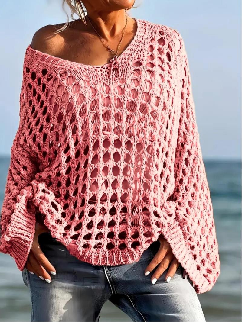 Product Introduction of Women's Plain Hollow Out Sweater, Casual   Long Sleeve Jumper for Summer, Fashion Women's Knitwear for Daily Wear 7