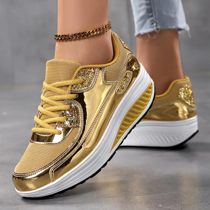 Women's Golden Glitter Sneakers - Breathable Mesh Upper, Thick Sole, Lace-Up Walking Shoes with Sparkling Accents and Stability Support, Cute Shoes