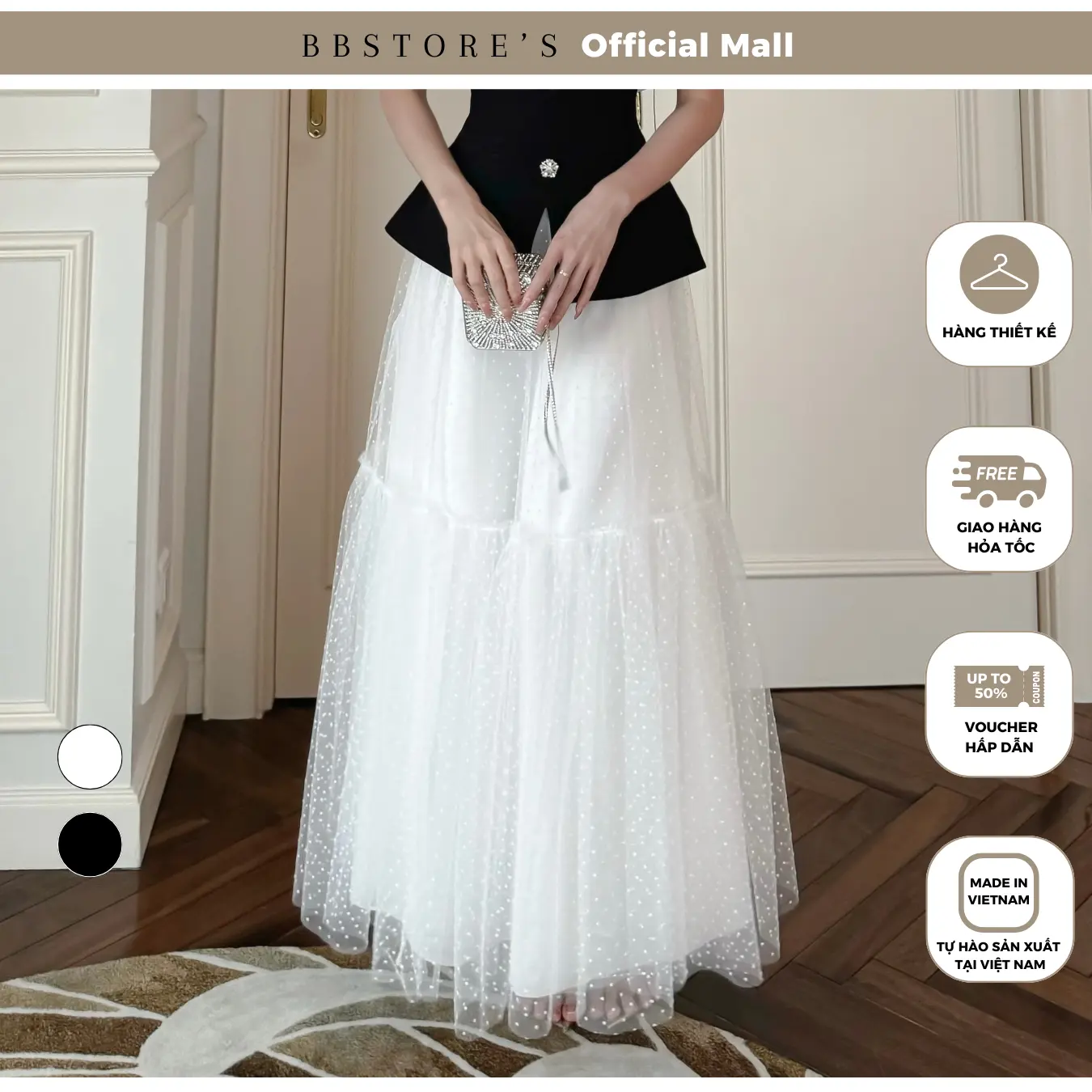Chân Váy Dự Tiệc Xòe Dáng Dài Nhún Hai Tầng Chất Lưới Bi Cao Cấp  BBSTORE'S  - V4028Q Nữ Women