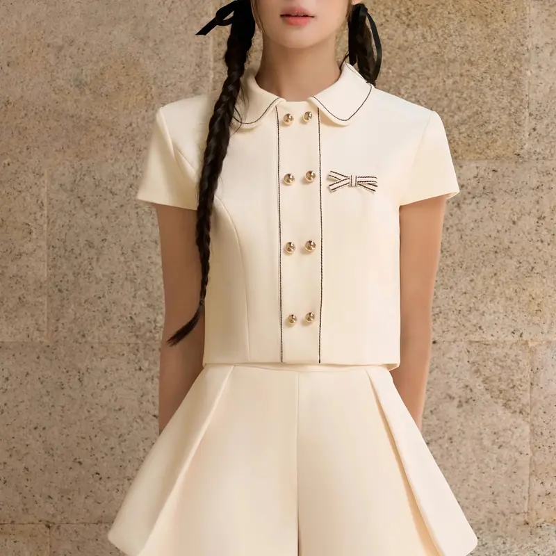 Set bộ đồ nữ áo croptop cổ sen đính nơ phối quần váy form xòe bồng cách điệu tiểu thư Linly Store 3