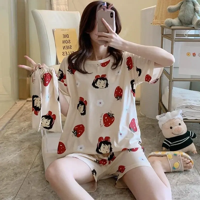 Pajamas Women's Summer Loose plus Size Sweet Cute Student Short Sleeve Shorts Can Be Worn outside Korean Style Home Wear Suit