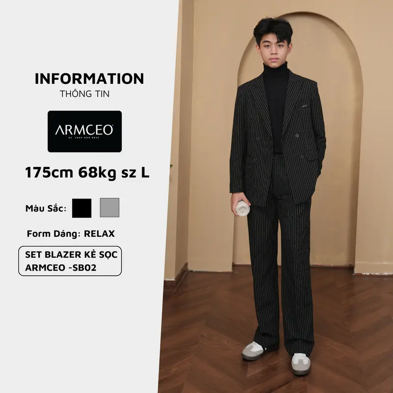 [COMBO] Set blazer kẻ sọc ARMCEO quần suông rộng hack chiều cao 5-7cm, chất liệu cotton spandex -SB02 2