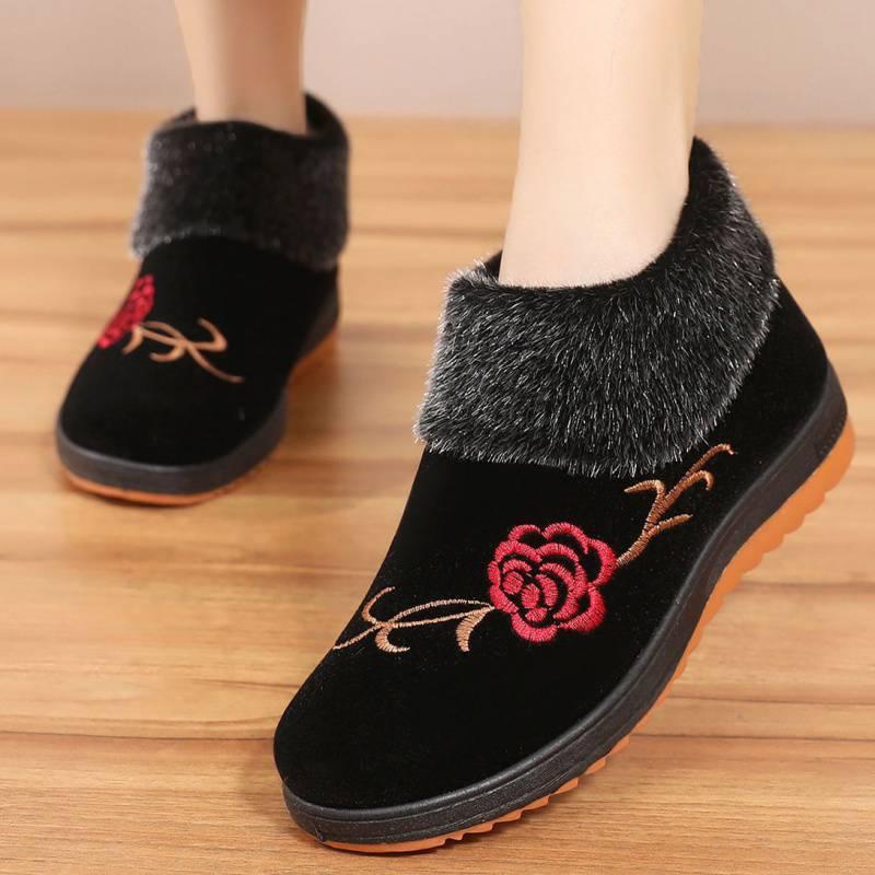 Giày Vải Cho Người Già, Giày Đệm Cotton Cho Nữ, Lót Lông Cừu, Chống Trượt, Đế Mềm, Cho Bà Già, Ấm Áp