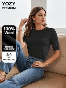 100% Wool, Australia Merino Yarn, Easy Care and Anti-Pilling, Elegant Office Siren, YOZY-Premium Women's Lightweight Short Sleeve Sweater