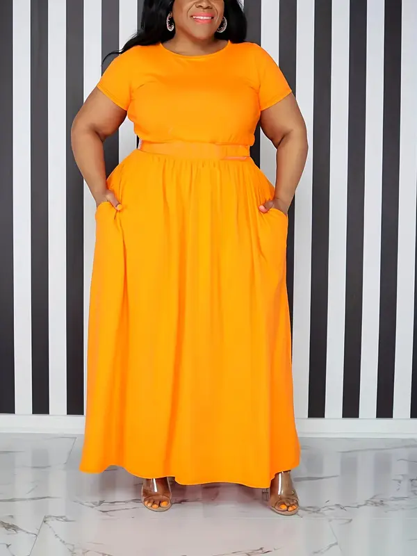Women's Plain Pocket Zipper A Line Dress, Casual Plus Size Short Sleeve Long Dress for Summer, Women's Clothing for Daily Wear 1