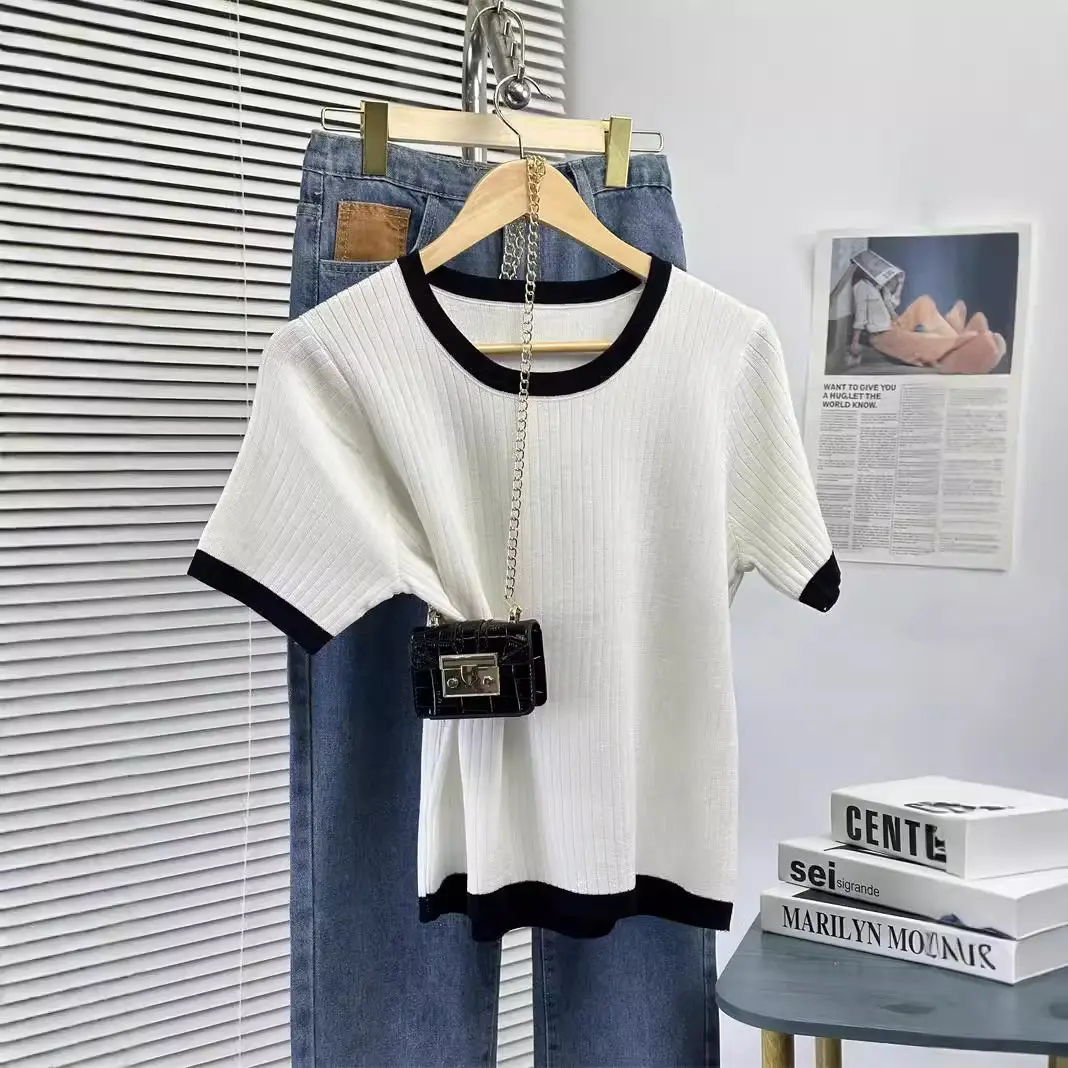Women's Short-Sleeved Sweater Summer Micro-Transparent Top Korean-Style Color Matching U-Collar Knitwear Womenswear Lingerie Comfort Knitting Crewneck Round Neck