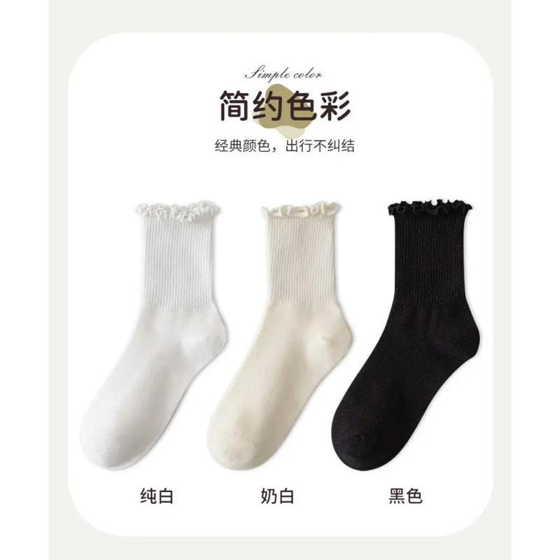 Tất Cho Nữ, Chất Liệu Cotton Xếp Ly Ống Giữa Dài Đến Mắt Cá Chân, Ngắn Và Thoáng Khí, Màu Đen Và Trắng, Thích Hợp Cho Mùa Mùa Xuân, Mùa Thu Và Mùa Đông Women Ong 6