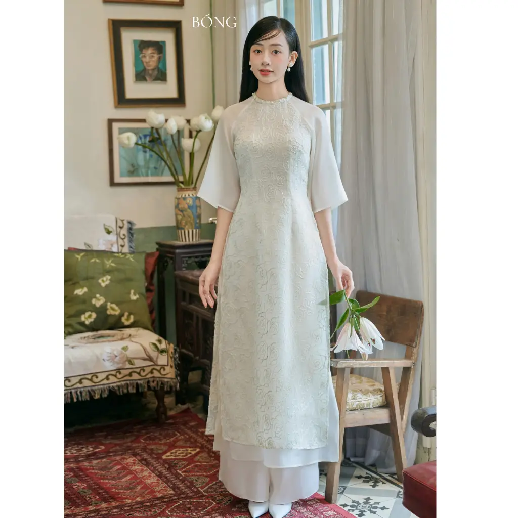 [Áo dài Bống] Áo dài truyền thống trắng 4 tà cổ tròn thiết kế, phù hợp mặc tiệc, đám cưới ( Áo dài Hạ Chi)