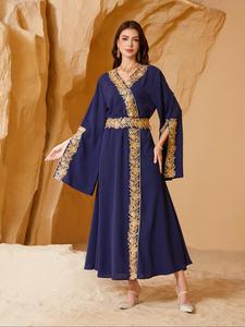 Women's Embroidered V Neck Long Sleeve Dress, Elegant Arabic Clothing for Women, Muslim Dress for Party Holiday Daily Wear