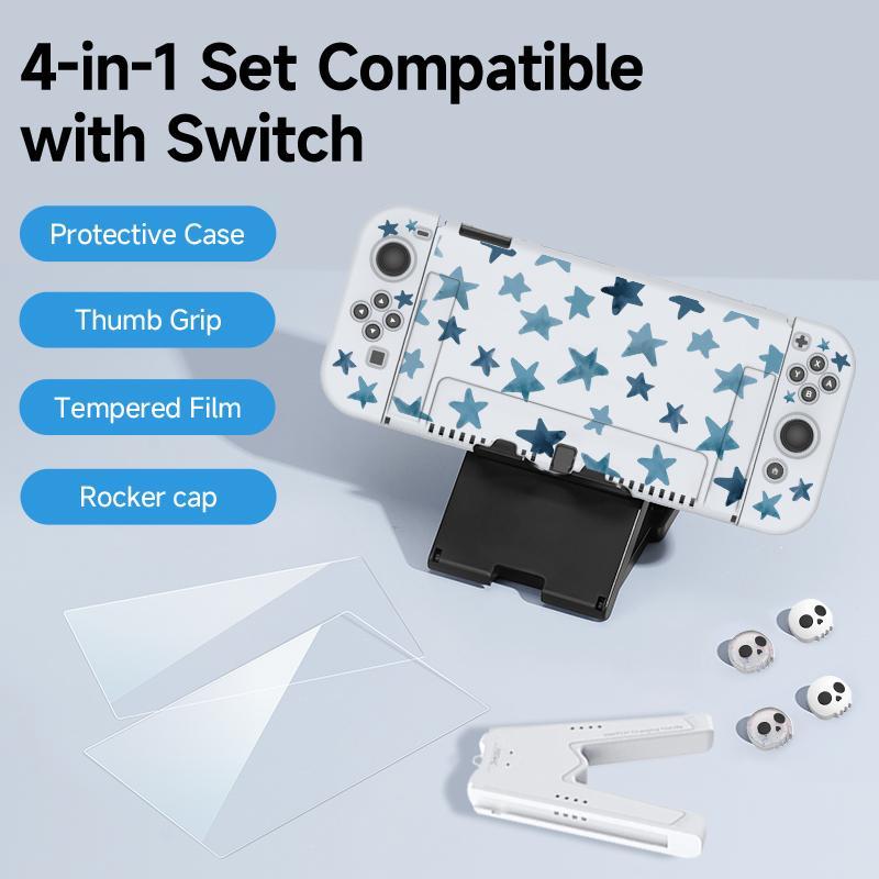 Product Introduction of Portable Game Accessories Set, Game Console Protective Case with Tempered Film & V-shaped Grip & Rocker Cap, Dust Proof & Scratch Proof Accessories for Switch OLED/NS/Lite 7