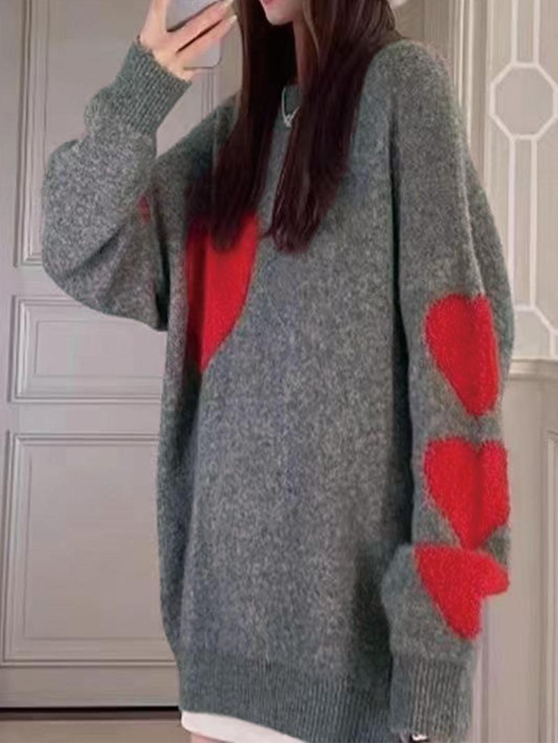 Product Introduction of 【Plus Size】 Colorblock Heart Pattern Crew Neck Sweater, Casual Chic Long Sleeve Pullover Jumper for Daily Outdoor Wear, Women Plus Clothing for Fall & Winter 9