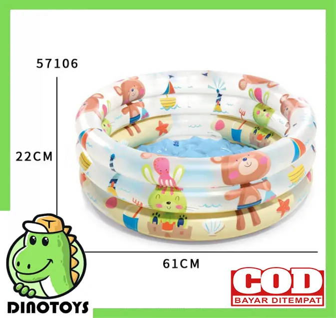 Dinotoys INTEX Kolam Mandi Bayi Ukuran 61x22 Cm Motif Beruang dan Pelangi Dengan Dasar Kolam Bergelembung Cocok Untuk Bayi Baru lahir Balita Cewek Cowok 1