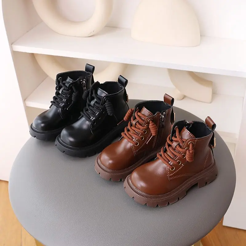 Childrens All-Match Martin Boots 2024 Autumn and Winter New Boys and Girls British Style Fashion Single-Layer Boots Medium and Big Children Low-Top Booties