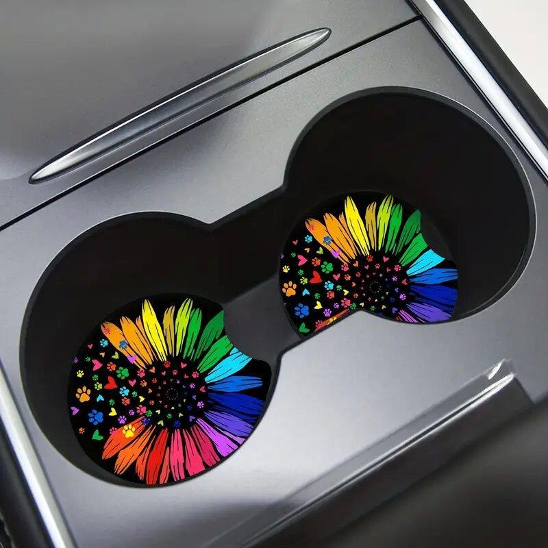 Flower Pattern Car Coaster, Round Anti-slip Cup Holder Decorative Cup Mat, Car Cup Holder Coaster For Gift, Car Decoration 1