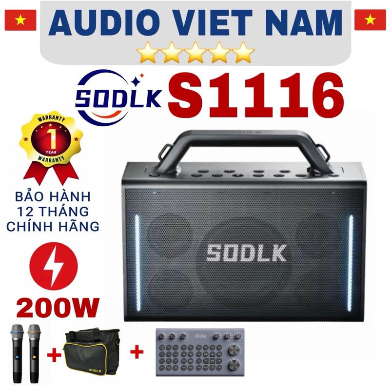 LOA SODLK S1116 *PHIÊN BẢN MỚI* loa Bluetooth karaoke s1116 công suất 200w pin 20000mah kiêm sound card live thu âm trực tiếp và 2 micro kim loại có chức năng EQ 3 chế độ âm thanh, TWS kết nối 2 loa không dây, tính năng A/E ngắt lời ca sĩ