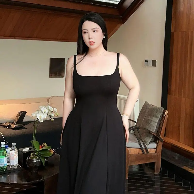 Plump Girls 150.00kg plus Size Pure Color Slimming European and American  Hot Girl Suspender Skirt Summer New Slimming Versatile Small Black Dress  Trendy Fat Pulssize Oversize Dresses - TikTok Shop Philippines