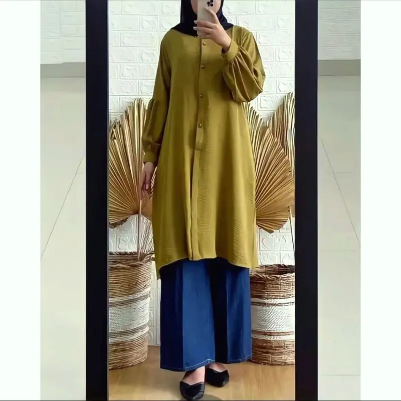 Tunik Crinkle airflow Lengan Panjang - Busui dan Wudhu Friendly Atasan Terbaru Wanita Muslimah Moderen - Kanaya Tunik Panjang Kancing Nyaman Lembut Kain 5