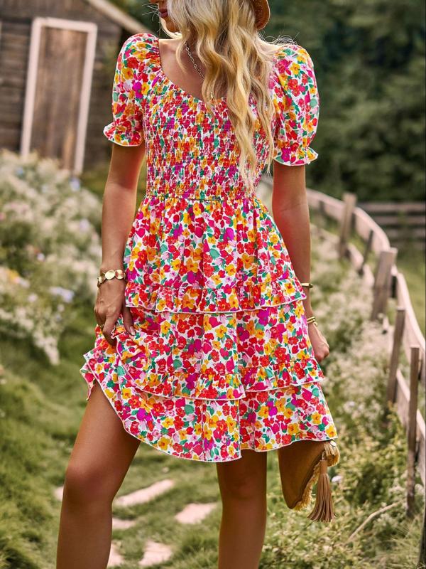 Women's Ditsy Floral Print Off Shoulder Shirred A Line Dress, Summer Clothes Women, Puff Sleeve Tiered Layer Ruffle Short Dress for Beach 2