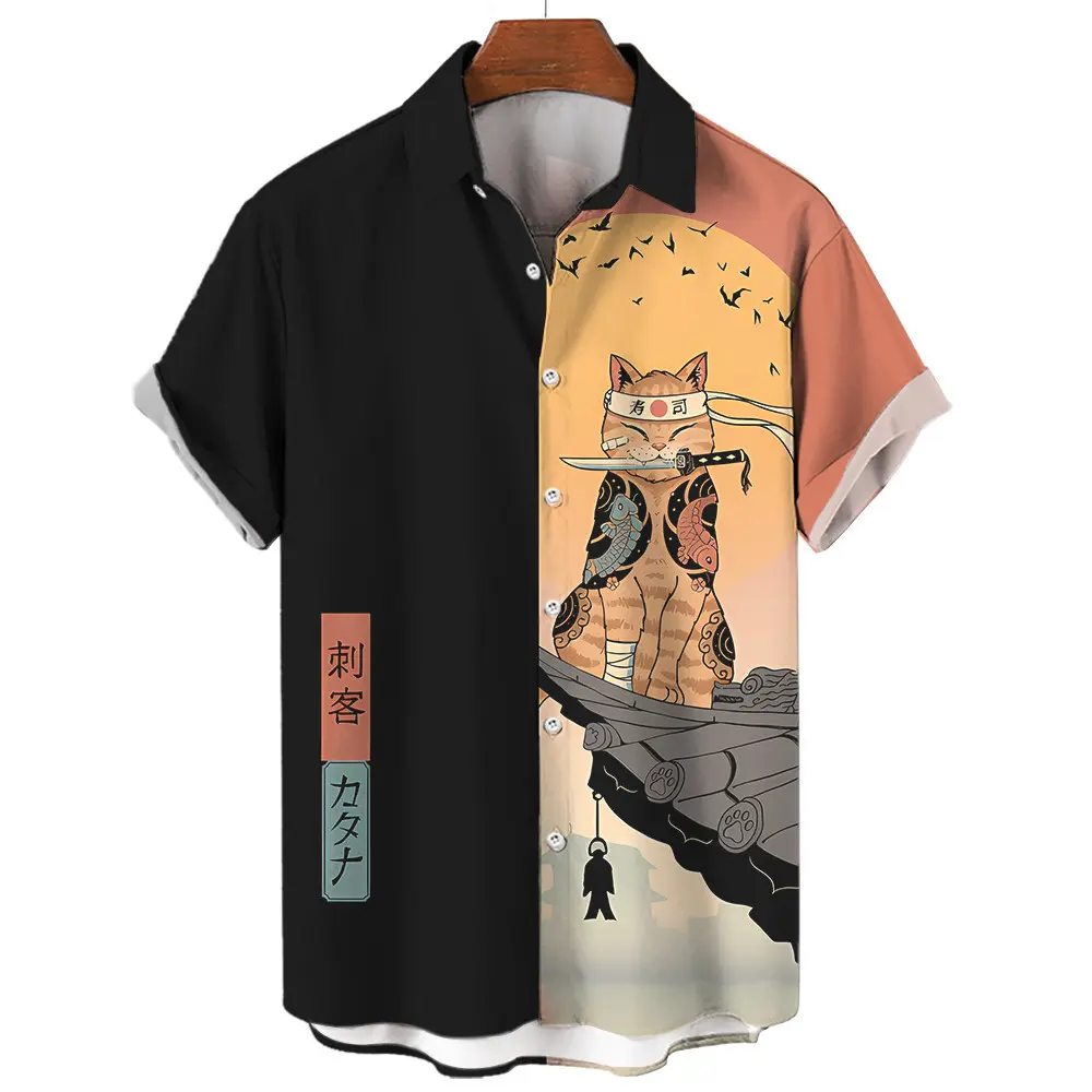 Áo Sơ Mi Nam, Phong Cách Hawaii, Họa Tiết 3D Bushido Nhật Bản, Thiết Kế Mèo Hoạt Hình, Áo Sơ Mi Nam In 3D