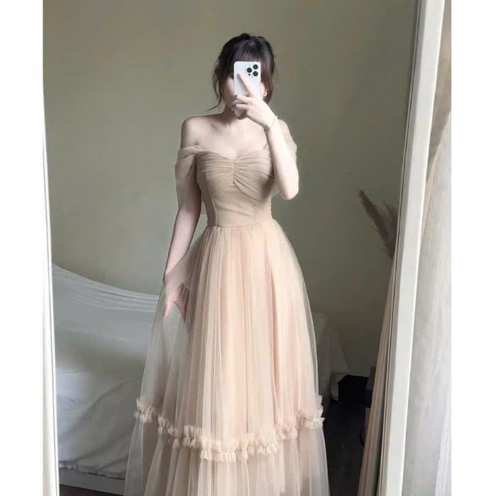 Váy Nữ Dress Công Chúa Thiết Kế Trễ Vai Dự Tiệc Phối Tơ Lưới Maxi Bồng Bềnh Nàng Thơ ChickyStore - Women 0