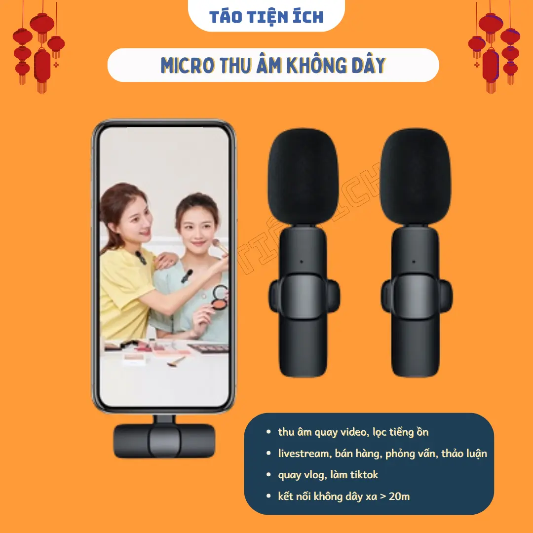 Bộ 2 micro thu âm không dây cài áo khử tiếng ồn để quay video ghi âm phát trực tiếp livestream