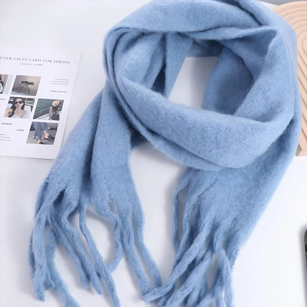 Trendy Solid Color Long Wool Tassel Scarf Windproof Korean Style Winter Cashmere Scarf Thicken Soft Cashmere Shawl Women
