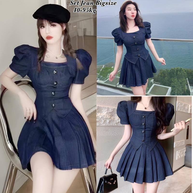 Thời Trang Bigsize - Set Bộ Váy Jean Bigsize Cổ Vuông Hot Hit Nữ Cao Cấp Xinh Đẹp Sang Trọng Dễ Thương Giá Rẻ 40-95kg Nhung Kem Voi - 2214