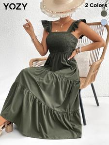 YOZY Ruffle Shirred Butterfly Sleeve Dress, Casual Square Neck Cap Sleeve A Line Dress, 2024 Women's Summer Outfits for Beach, Holiday, Vacation